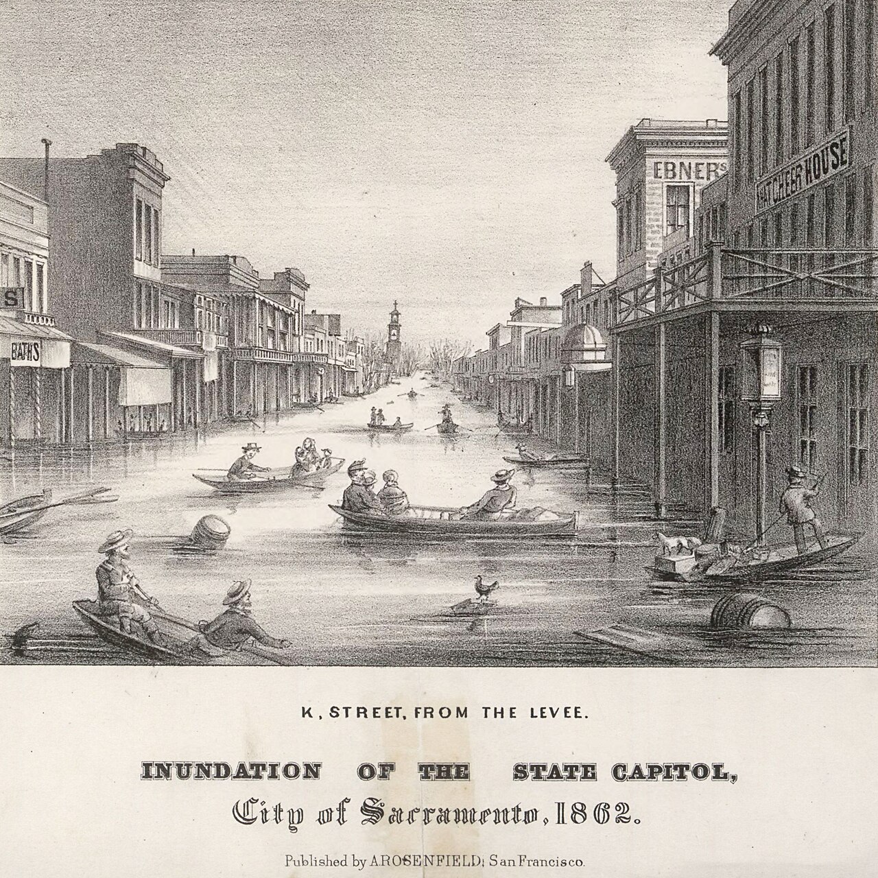 Historic 1862 Lithograph: K Street, Inundation of the State Capitol, City of Sacramento